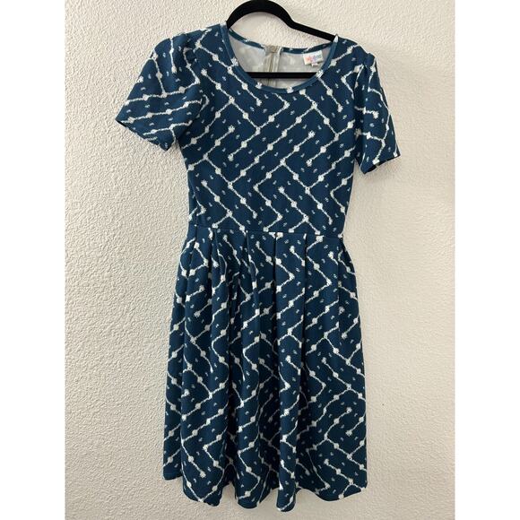 Classic LULAROE AMELIA Zipper Dress‎ Blue White Fall Textured Pockets Size Small - Picture 1 of 10